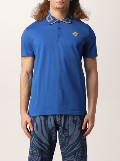 Shop Versace La Greca Motif Collar Polo T-shirt In Royal Blue