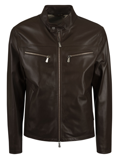 Shop Eleventy Shiny Leather Biker Jacket In Moro