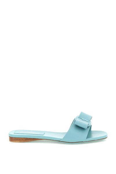 Shop Ferragamo Salvatore  Viva Leather Slides In Light Blue