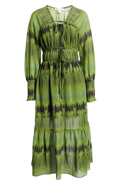 Shop Topshop Tie Dye Long Sleeve Tiered Midi Dress In Mid Green