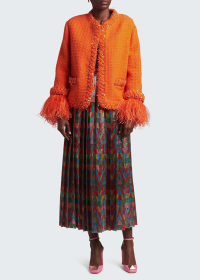 Sequin-embellished Tweed Feather Cuffed Jacket In Orange