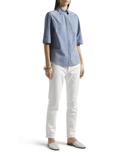 Shop Agnona Short-sleeve Suede Collared Shirt In Dust