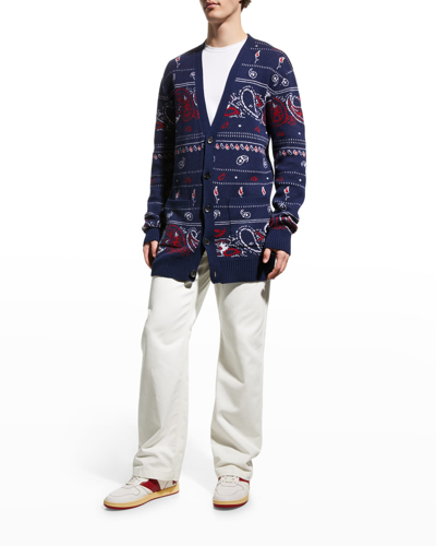 Shop Etro Men's Bandana Knit Cardigan Sweater In Navy