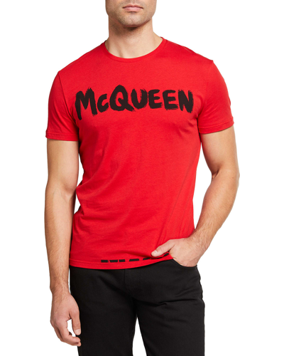 Shop Alexander Mcqueen Men's Graffiti-logo T-shirt In Love Red