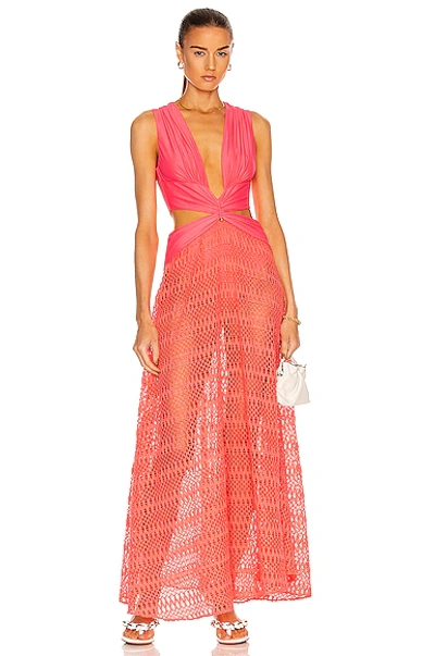 Shop Patbo Plunge Crochet Beach Dress In Neon Coral