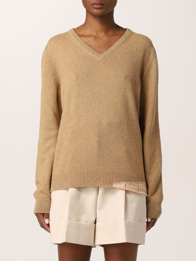 Shop Maison Margiela Wool And Cotton Blend V-neck Sweater In Beige