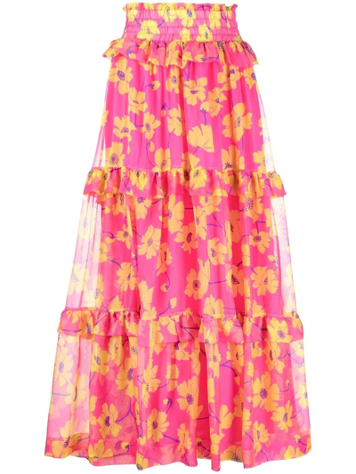 Shop P.a.r.o.s.h Floral-print Tiered Maxi Skirt In Pink