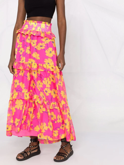 Shop P.a.r.o.s.h Floral-print Tiered Maxi Skirt In Pink