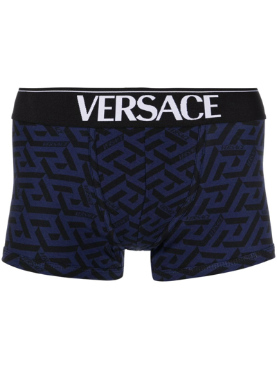 Shop Versace La Greca Print Boxers In Blue