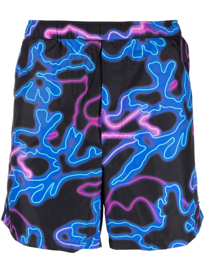 Shop Valentino Neon-print Swim Shorts In Black