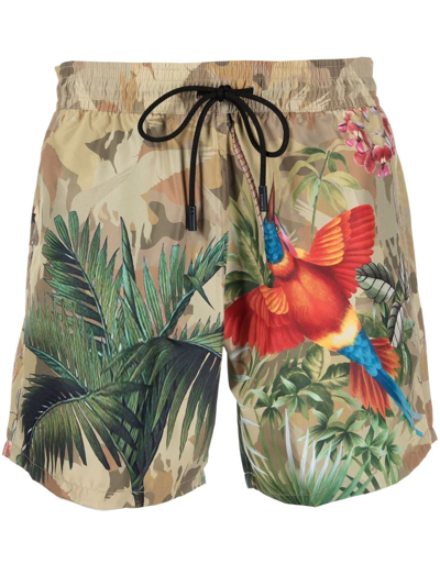 Shop Etro Bird-print Swim Shorts In Green
