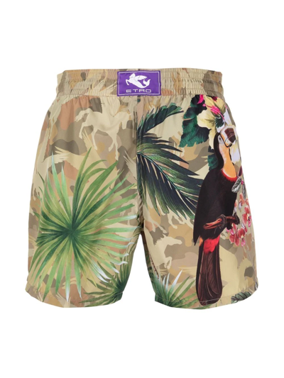 Shop Etro Bird-print Swim Shorts In Green