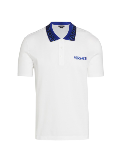 Shop Versace Men's Pique Contrast Collar Polo Shirt In Optical White