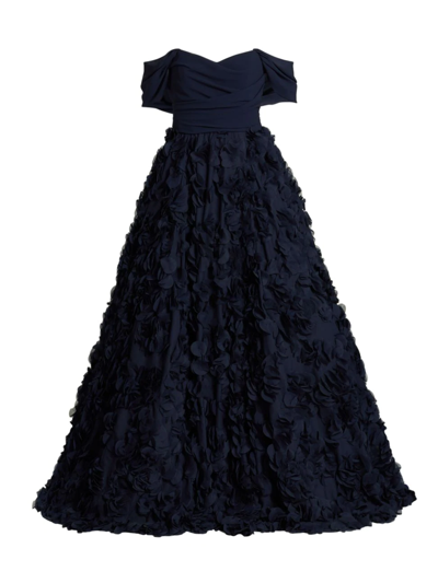 Shop Amsale Women's Floral-embellished Fit & Flare Chiffon Gown In Navy