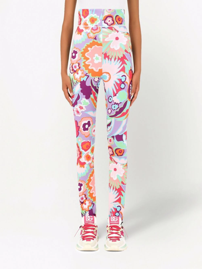 Shop Dolce & Gabbana Floral-print High-waisted Leggings In Pink