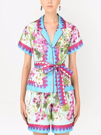 Shop Dolce & Gabbana Floral-print Silk Shirt In Blue