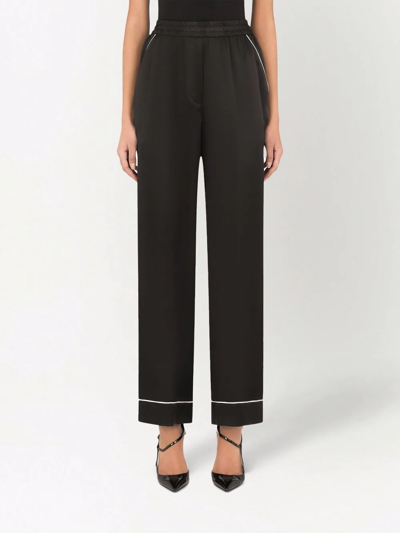 Shop Dolce & Gabbana Contrast-trim Satin Pajama Bottoms In Black