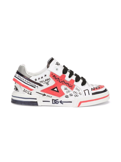 Dolce & Gabbana Hand-painted Leather Sneakers In White