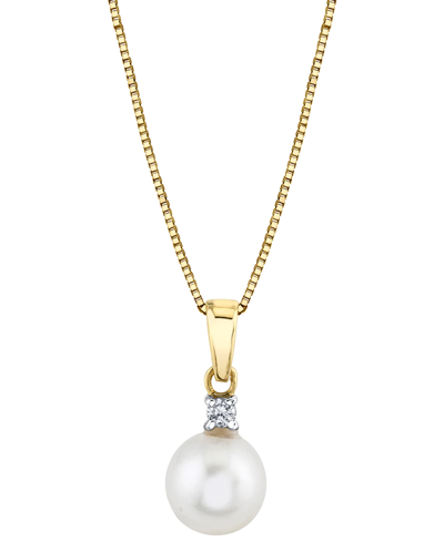 Macy's Cultured Freshwater Pearl (7-1/2mm) & Diamond Accent 18" Pendant Necklace In 14k Gold In Yellow Gold