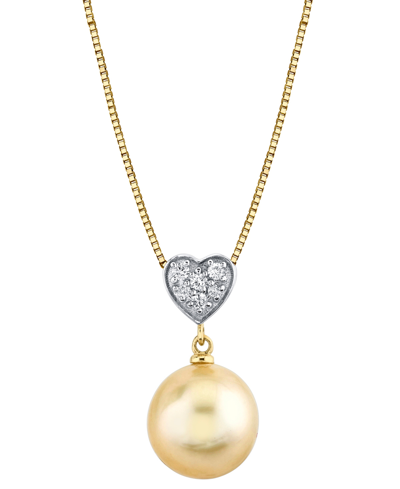 Shop Macy's Cultured Golden South Sea Pearl (10mm) & Diamond Accent Heart 18" Pendant Necklace In 14k Gold In Yellow Gold