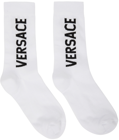 Shop Versace White Logo Socks In I4d1 White/black