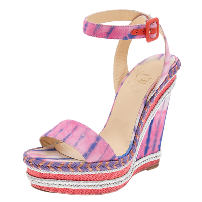 Pre-owned Christian Louboutin Multicolor Fabric New Duplice Ankle Strap Wedges Platform Sandals Size 39