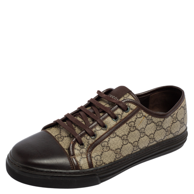 Pre-owned Gucci Brown Leather And Monogram Canvas Lace Up Sneakers Size 43.5