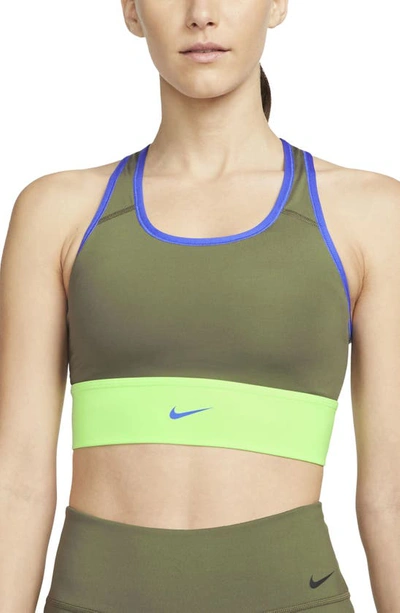 Shop Nike Dri-fit Swoosh Padded Longline Sports Bra In Medium Olive