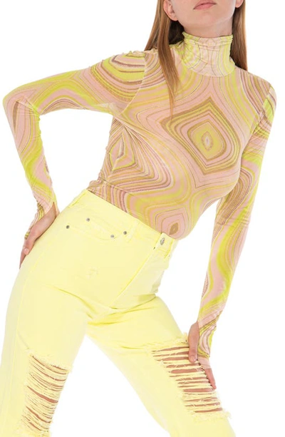 Afrm Zadie Power Mesh Long Sleeve Shirt In Lime Swirl