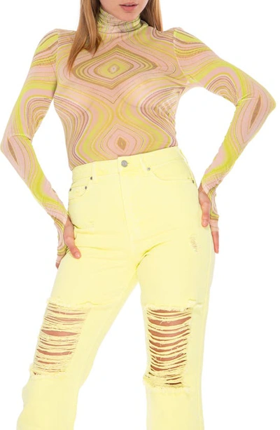 Afrm Zadie Power Mesh Long Sleeve Shirt In Lime Swirl