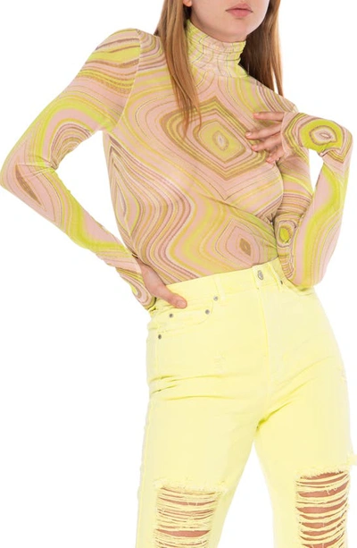 Afrm Zadie Power Mesh Long Sleeve Shirt In Lime Swirl