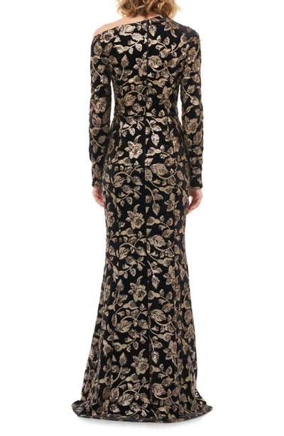 Shop Kay Unger Francesca One-shoulder Velvet Evening Gown In Black/ Gold