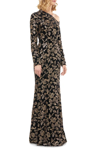 Shop Kay Unger Francesca One-shoulder Velvet Evening Gown In Black/ Gold