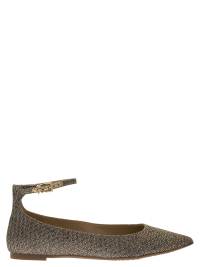 Shop Michael Kors Tia Flex Metallic Mesh Pointed Ballerina With Glitter In Gold