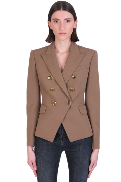 Shop Balmain Blazer In Taupe Wool