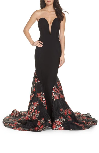 Shop Mac Duggal Plunge Floral Jacquard Mermaid Gown In Black