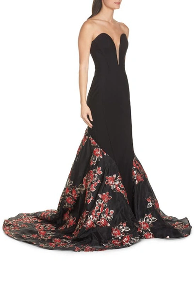 Shop Mac Duggal Plunge Floral Jacquard Mermaid Gown In Black