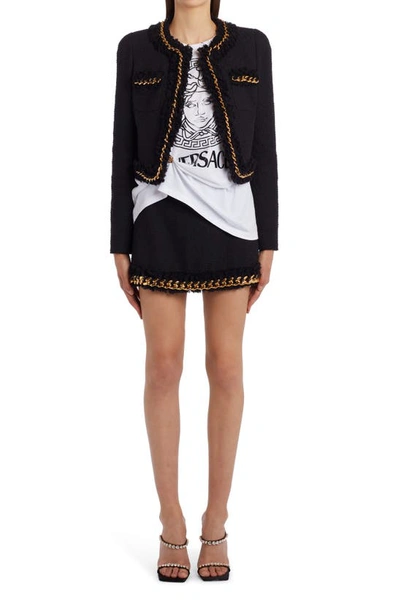 Shop Versace Chain Detail Crop Tweed Jacket In Black