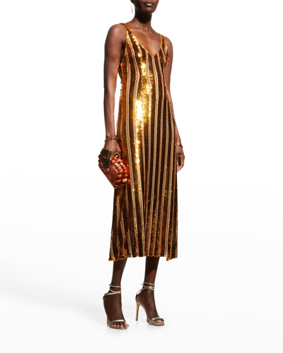 Shop Galvan Striped Sequin Midi Dress In Oxblood