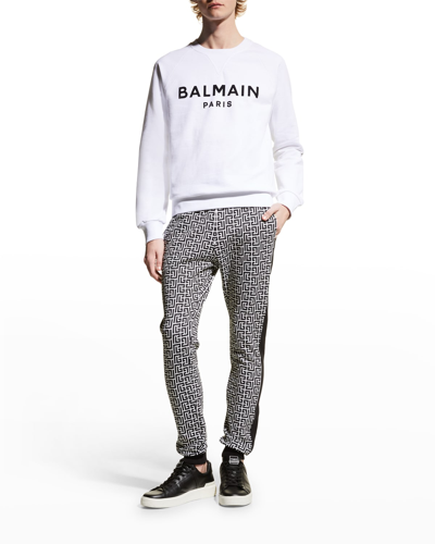 Shop Balmain Men's Flocked Logo Sweatshirt In White/black