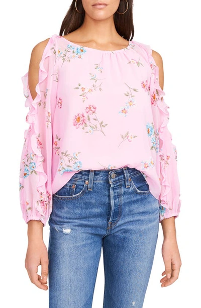 Shop 1.state Cold Shoulder Ruffle Sleeve Blouse In Blooms Peony Pink
