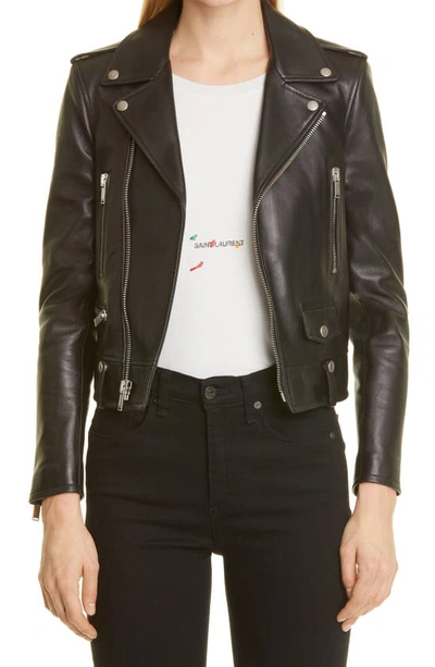 Shop Saint Laurent Leather Moto Jacket In Black