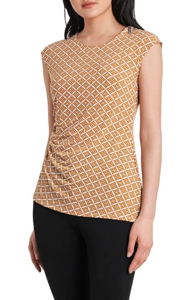 Shop Chaus Geometric Zip Ruched Knit Top In Honeybee