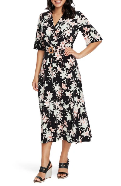 Shop Chaus Floral Wrap Front Belted Midi Dress In Rich Black