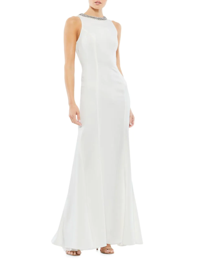 Shop Mac Duggal Women's Embellished Fluted-hem Gown In White
