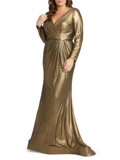 Shop Mac Duggal Women's Plus Size Metallic Wrap-front Gown In Bronze