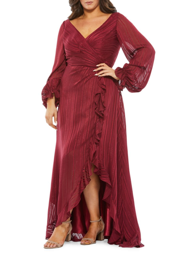 Shop Mac Duggal Women's Plus Size Ruffle-trim Sheer Wrap Gown In Burgundy
