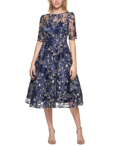 Shop Eliza J Embroidered Sequin Midi Dress In Navy