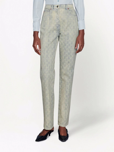 Shop Gucci Gg Jacquard Denim Straight-leg Jeans In Grey
