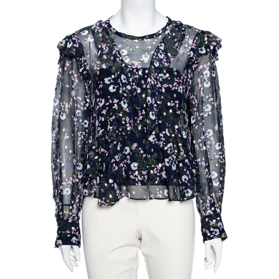Pre-owned Isabel Marant Navy Blue Floral Printed Silk & Lurex Ruffle Trimmed Blouse S